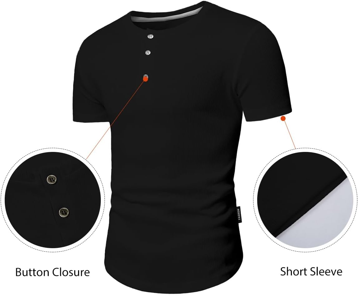Men's Muscle Slim Henley Shirts Crewneck T-Shirt Gym Workout Athletic Shirt Tees - Picture 126 of 202