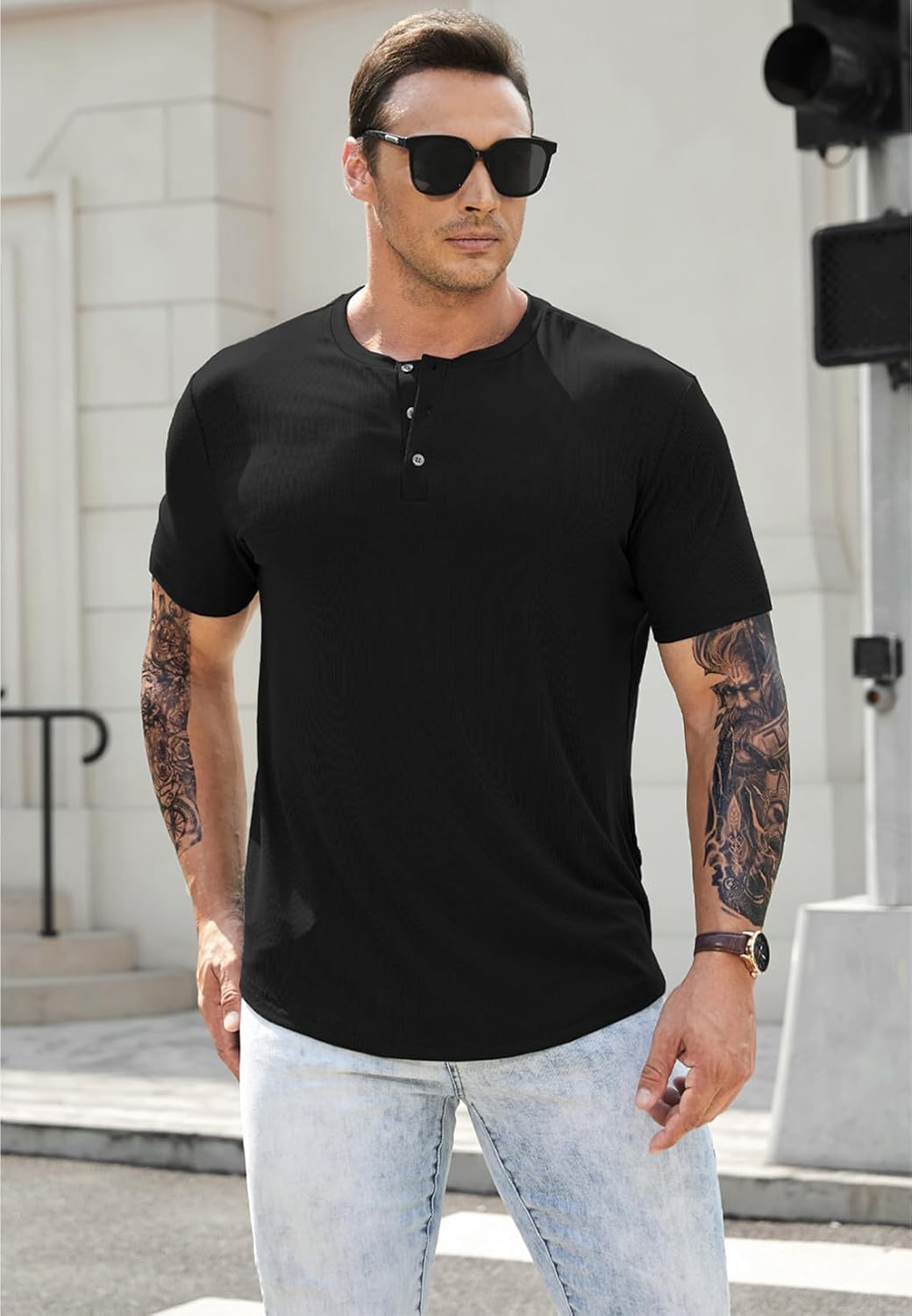 Men's Muscle Slim Henley Shirts Crewneck T-Shirt Gym Workout Athletic Shirt Tees - Picture 129 of 202