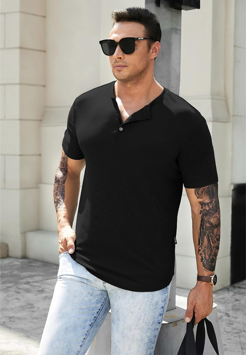 Men's Muscle Slim Henley Shirts Crewneck T-Shirt Gym Workout Athletic Shirt Tees - Picture 130 of 202