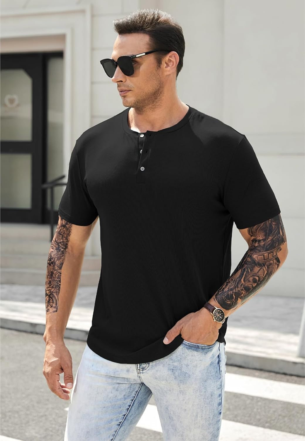 Men's Muscle Slim Henley Shirts Crewneck T-Shirt Gym Workout Athletic Shirt Tees - Picture 131 of 202