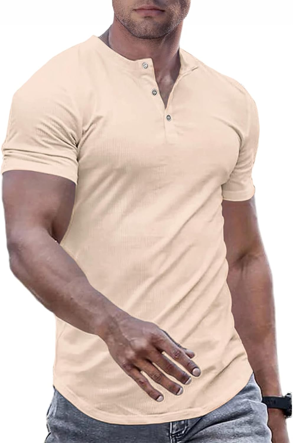 Men's Muscle Slim Henley Shirts Crewneck T-Shirt Gym Workout Athletic Shirt Tees - Picture 132 of 202