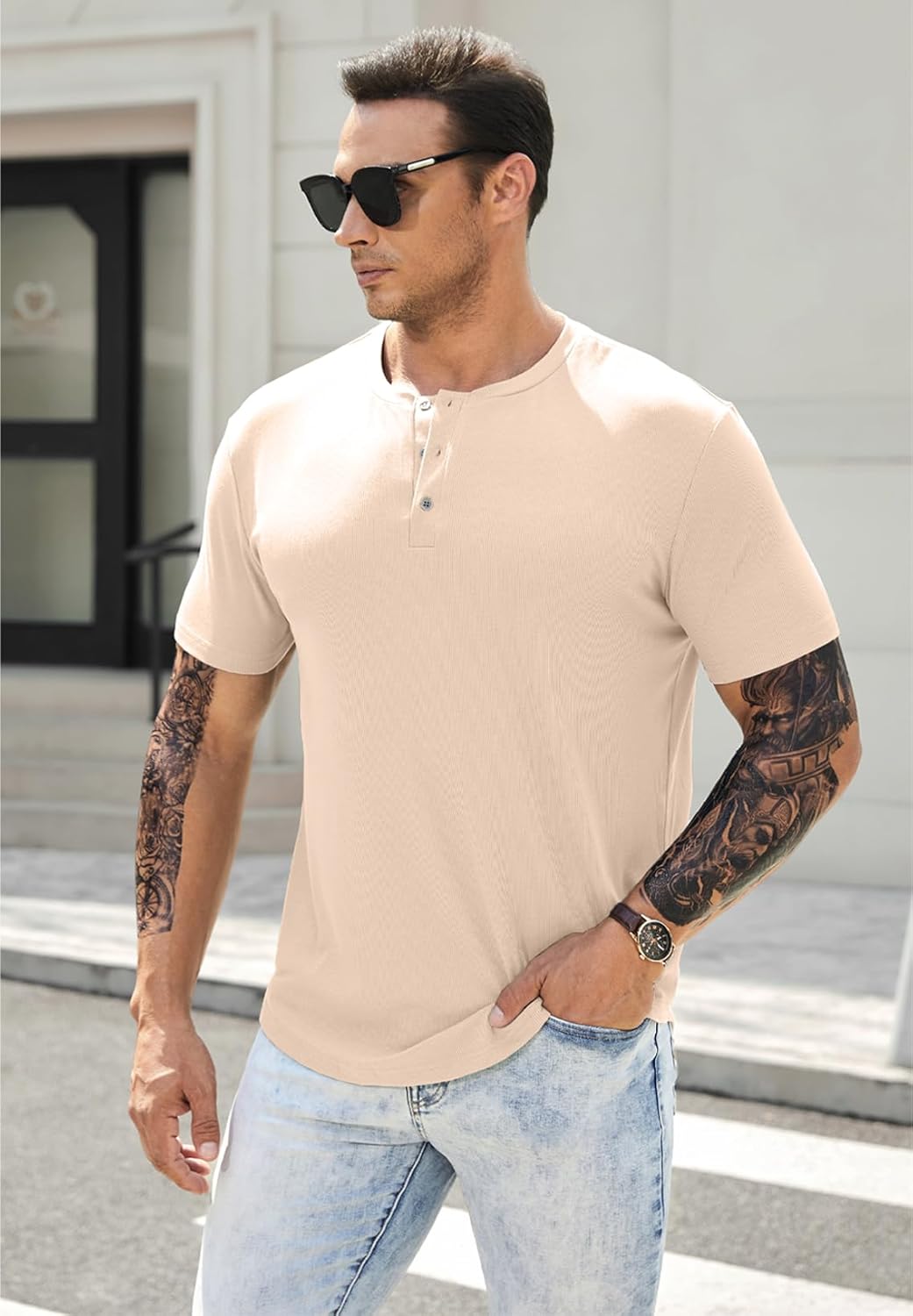 Men's Muscle Slim Henley Shirts Crewneck T-Shirt Gym Workout Athletic Shirt Tees - Picture 136 of 202