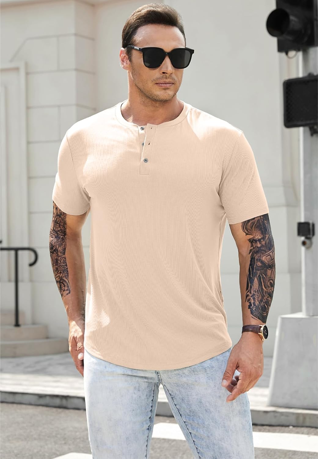 Men's Muscle Slim Henley Shirts Crewneck T-Shirt Gym Workout Athletic Shirt Tees - Picture 137 of 202