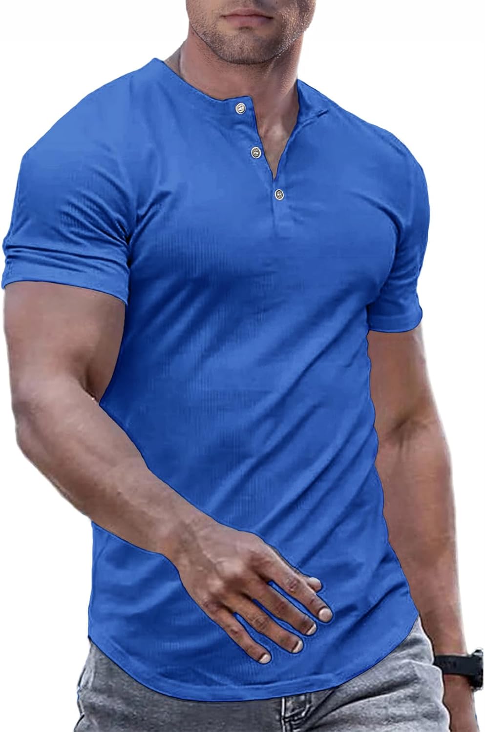 Men's Muscle Slim Henley Shirts Crewneck T-Shirt Gym Workout Athletic Shirt Tees - Picture 140 of 202