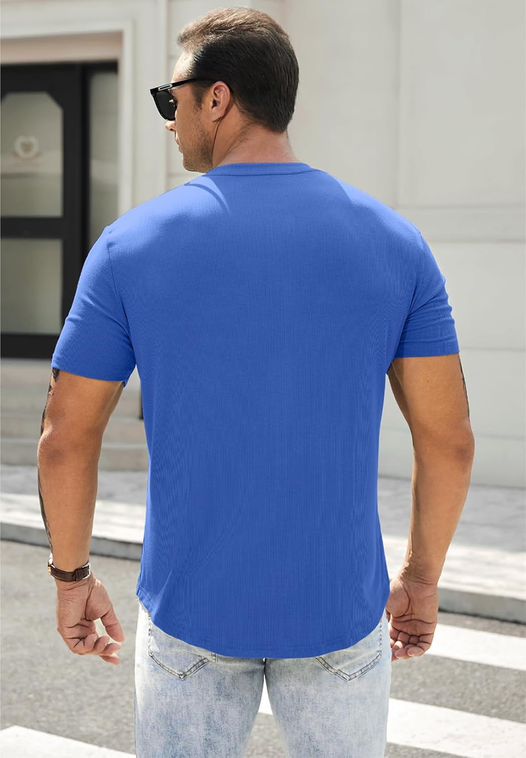 Men's Muscle Slim Henley Shirts Crewneck T-Shirt Gym Workout Athletic Shirt Tees - Picture 141 of 202