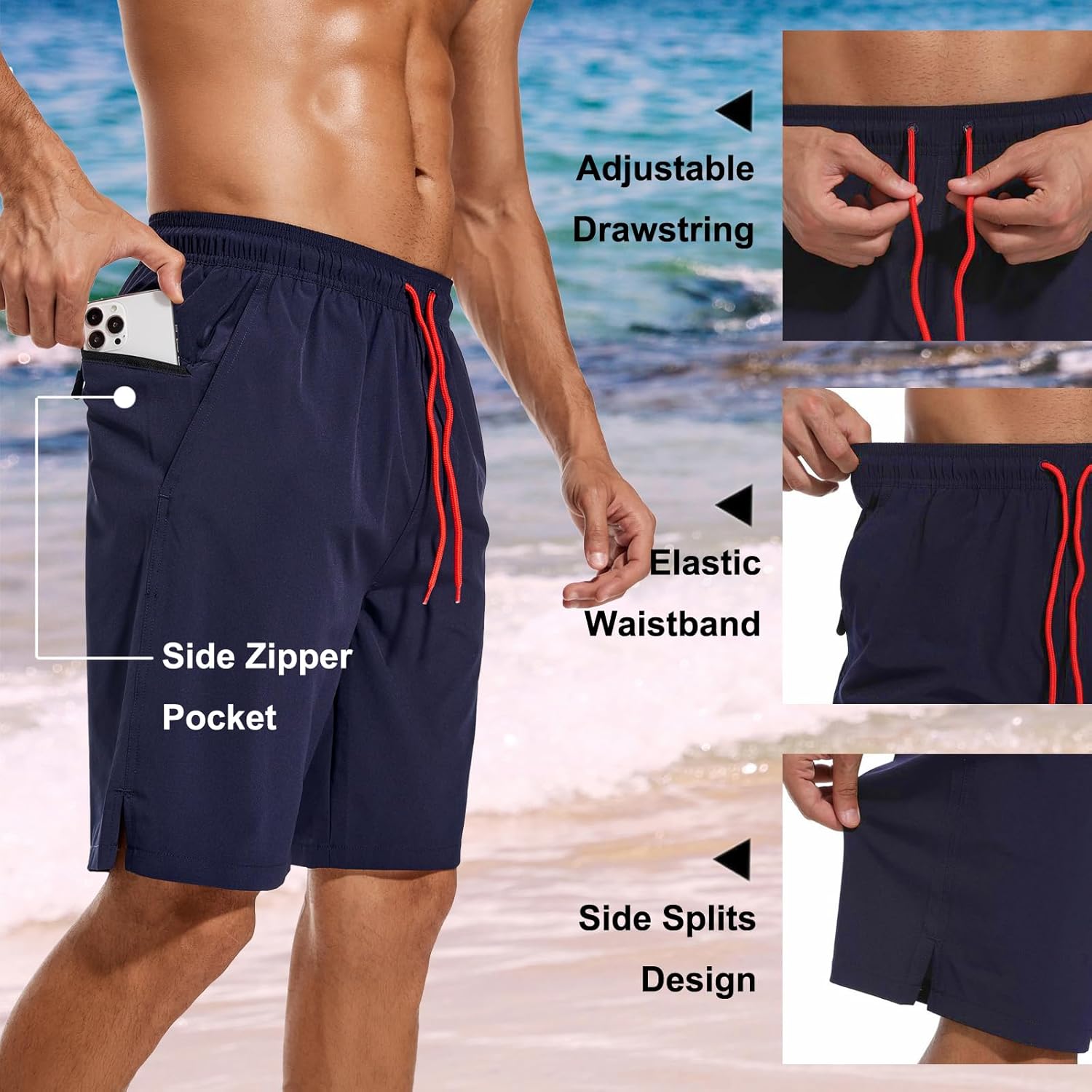 Bañador para hombre de secado rápido traje de baño pantalones cortos con forro bolsillo con cremallera - Imagen 93 de 117