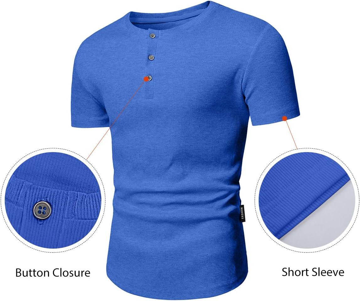 Men's Muscle Slim Henley Shirts Crewneck T-Shirt Gym Workout Athletic Shirt Tees - Picture 142 of 202
