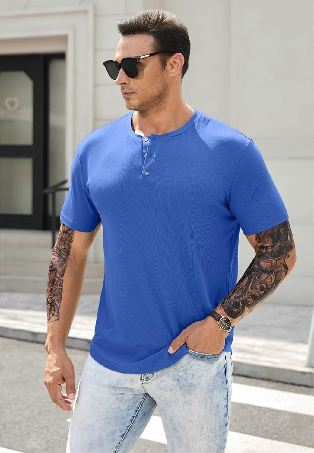 Men's Muscle Slim Henley Shirts Crewneck T-Shirt Gym Workout Athletic Shirt Tees - Picture 145 of 202