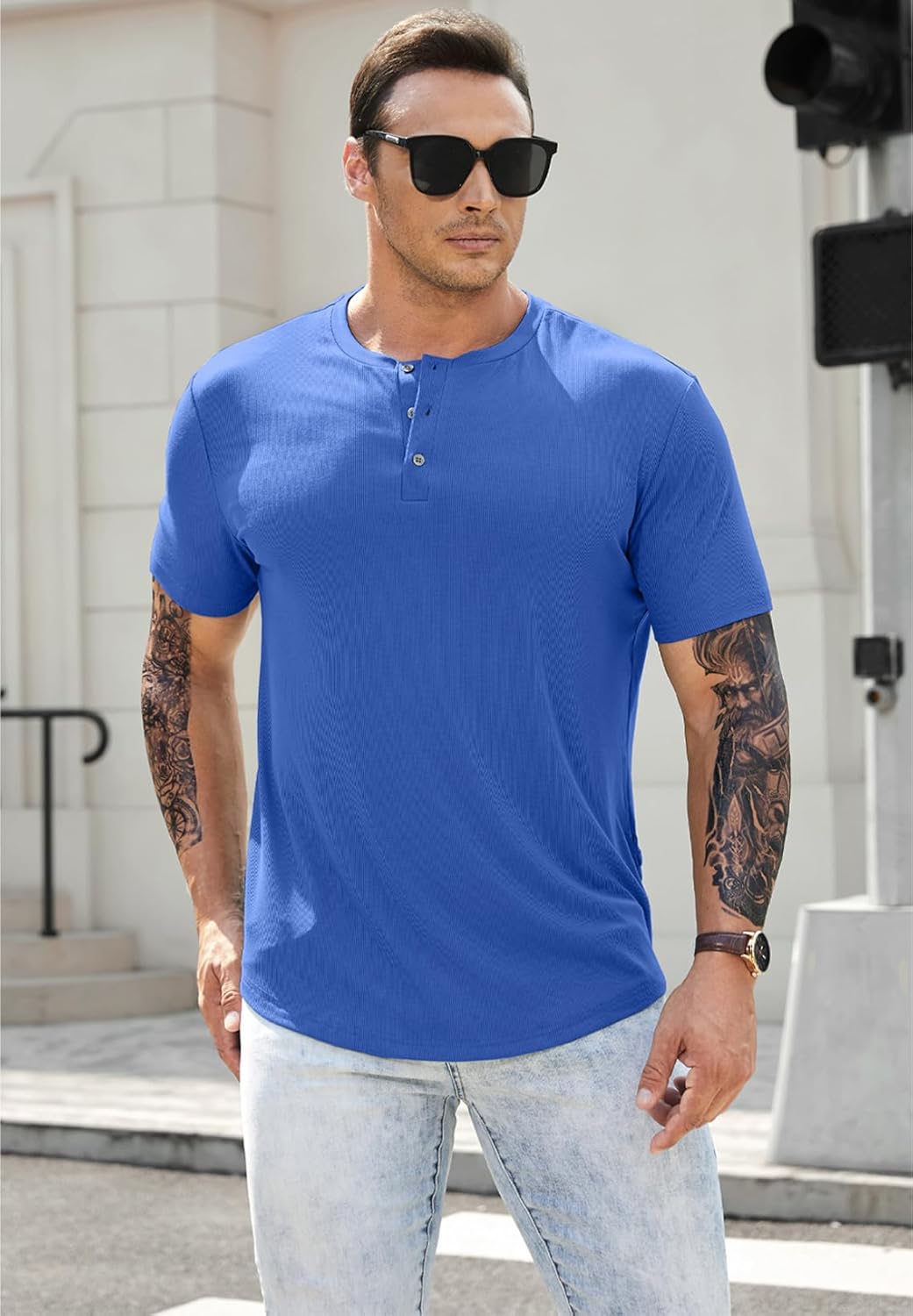 Men's Muscle Slim Henley Shirts Crewneck T-Shirt Gym Workout Athletic Shirt Tees - Picture 146 of 202