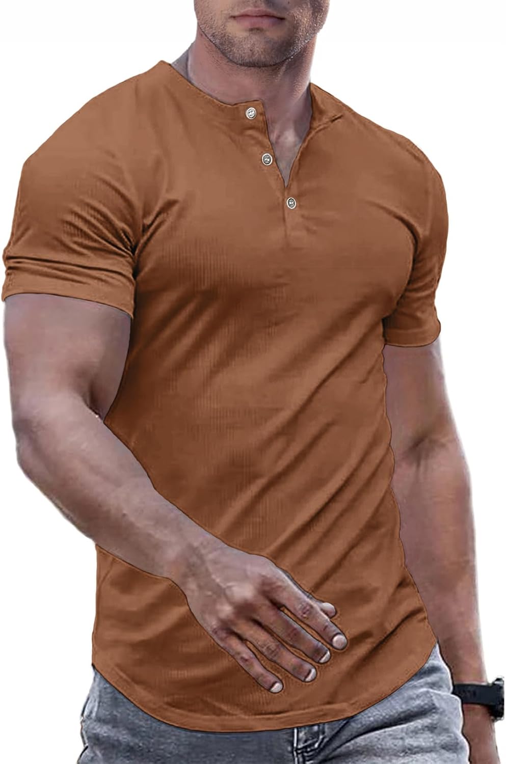 Men's Muscle Slim Henley Shirts Crewneck T-Shirt Gym Workout Athletic Shirt Tees - Picture 148 of 202