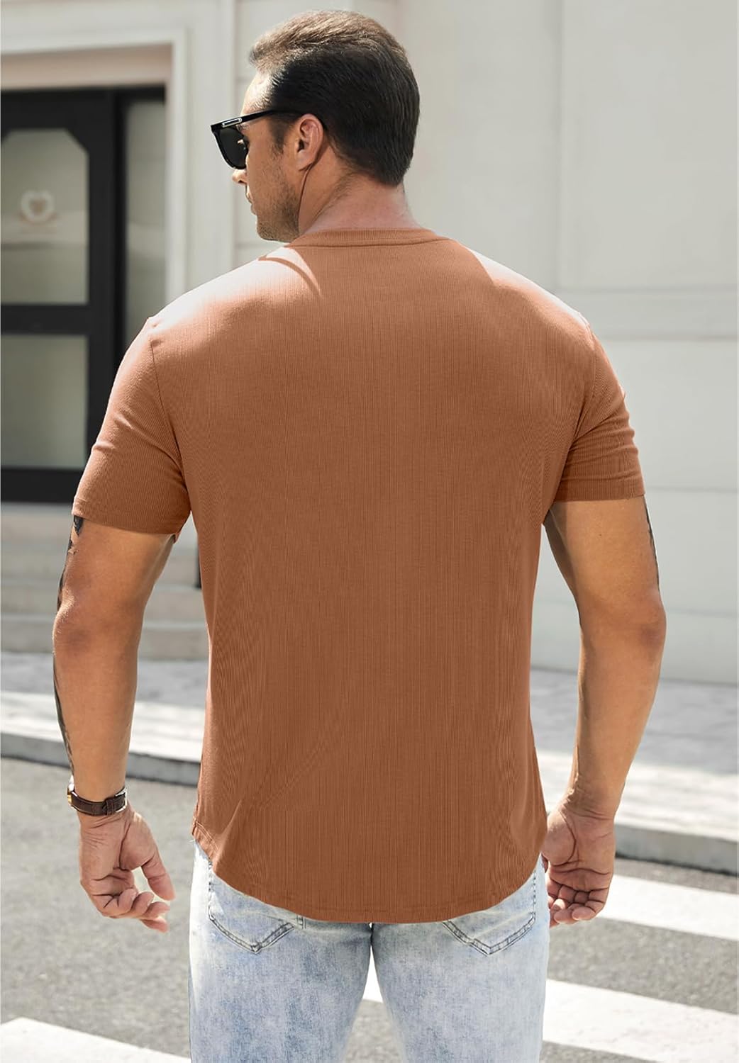 Men's Muscle Slim Henley Shirts Crewneck T-Shirt Gym Workout Athletic Shirt Tees - Picture 149 of 202