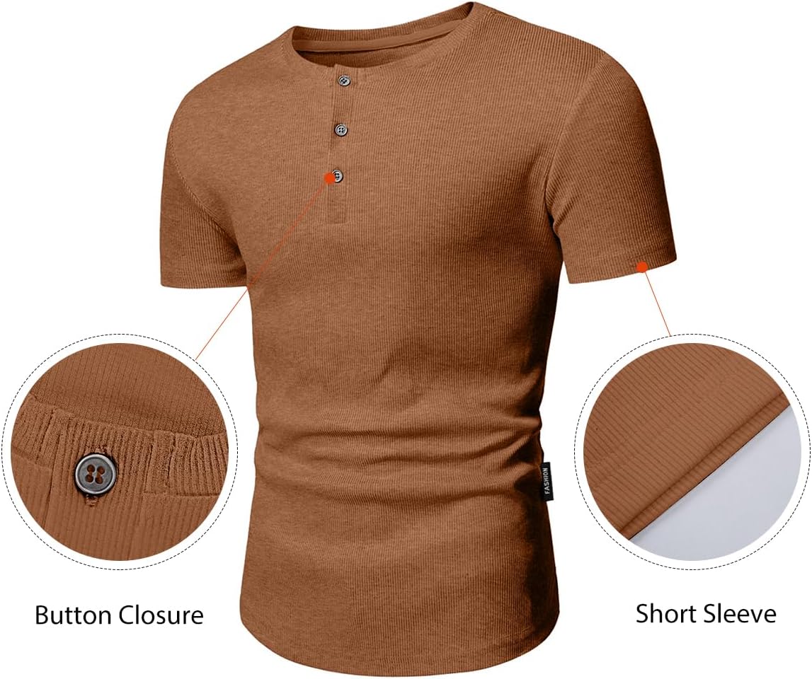 Men's Muscle Slim Henley Shirts Crewneck T-Shirt Gym Workout Athletic Shirt Tees - Picture 150 of 202