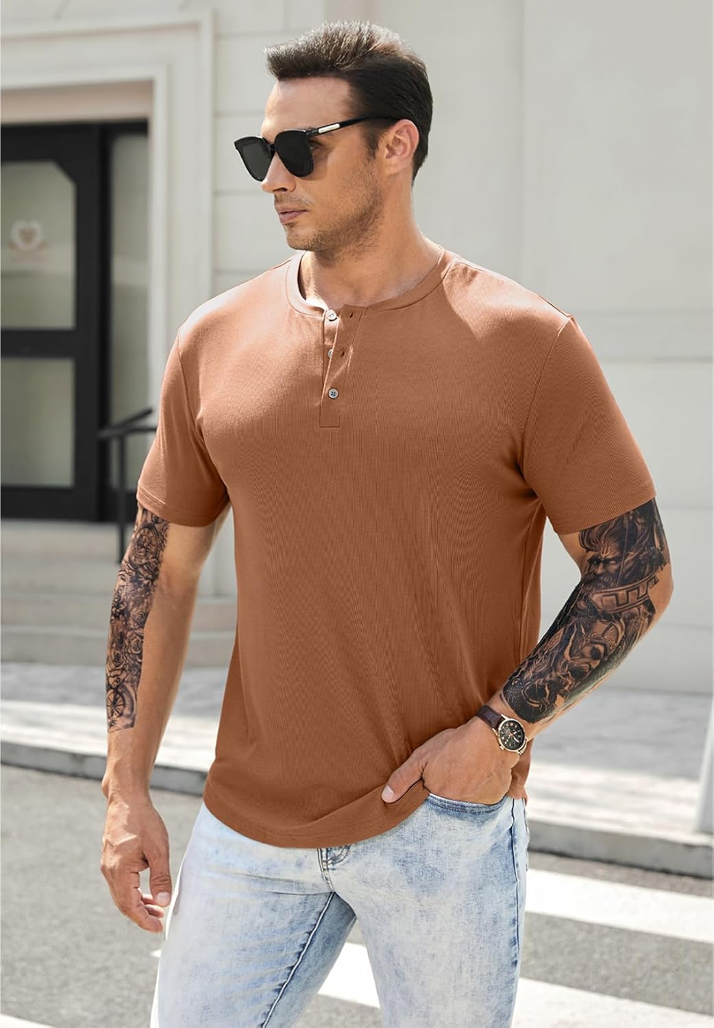 Men's Muscle Slim Henley Shirts Crewneck T-Shirt Gym Workout Athletic Shirt Tees - Picture 153 of 202
