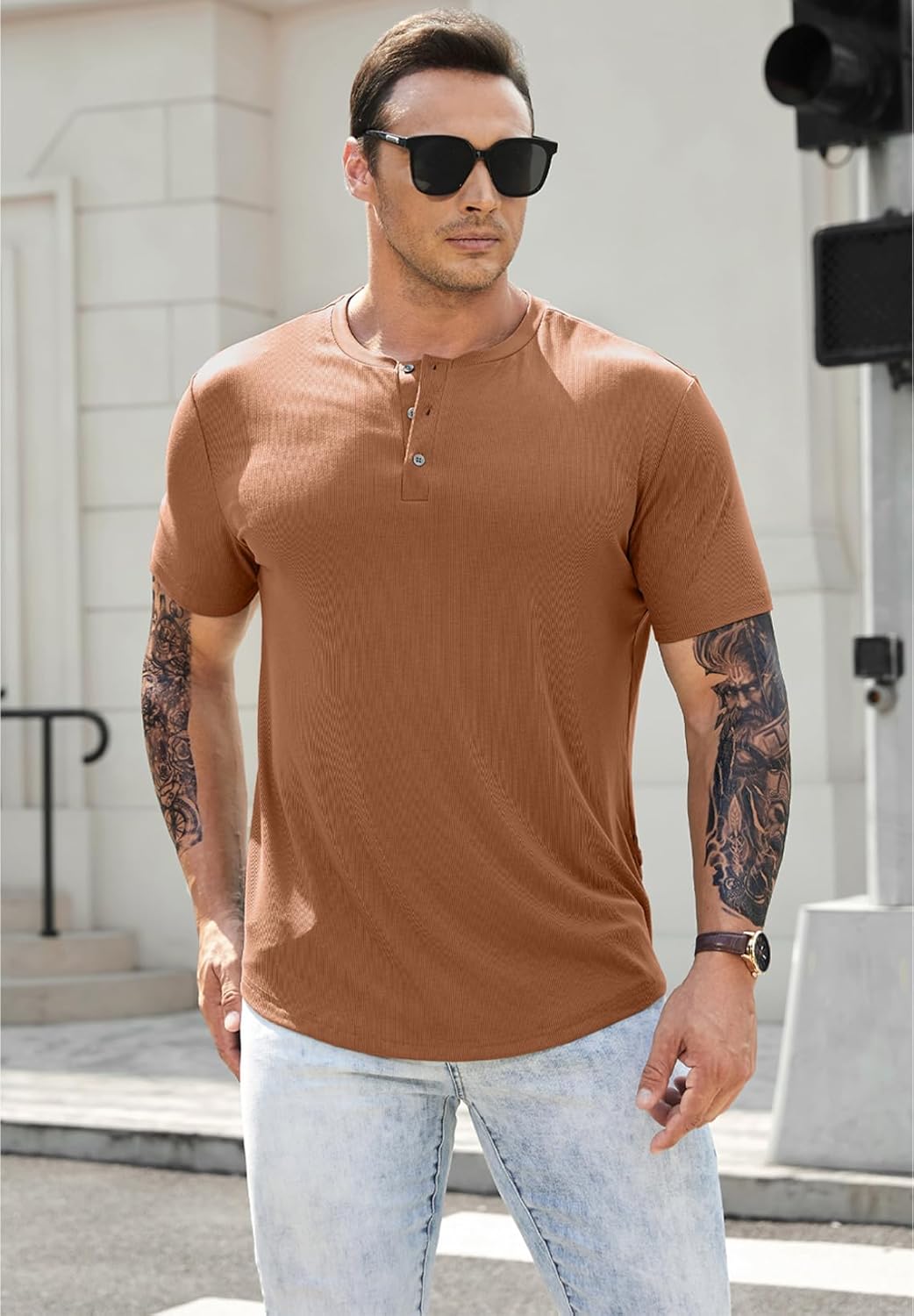 Men's Muscle Slim Henley Shirts Crewneck T-Shirt Gym Workout Athletic Shirt Tees - Picture 154 of 202
