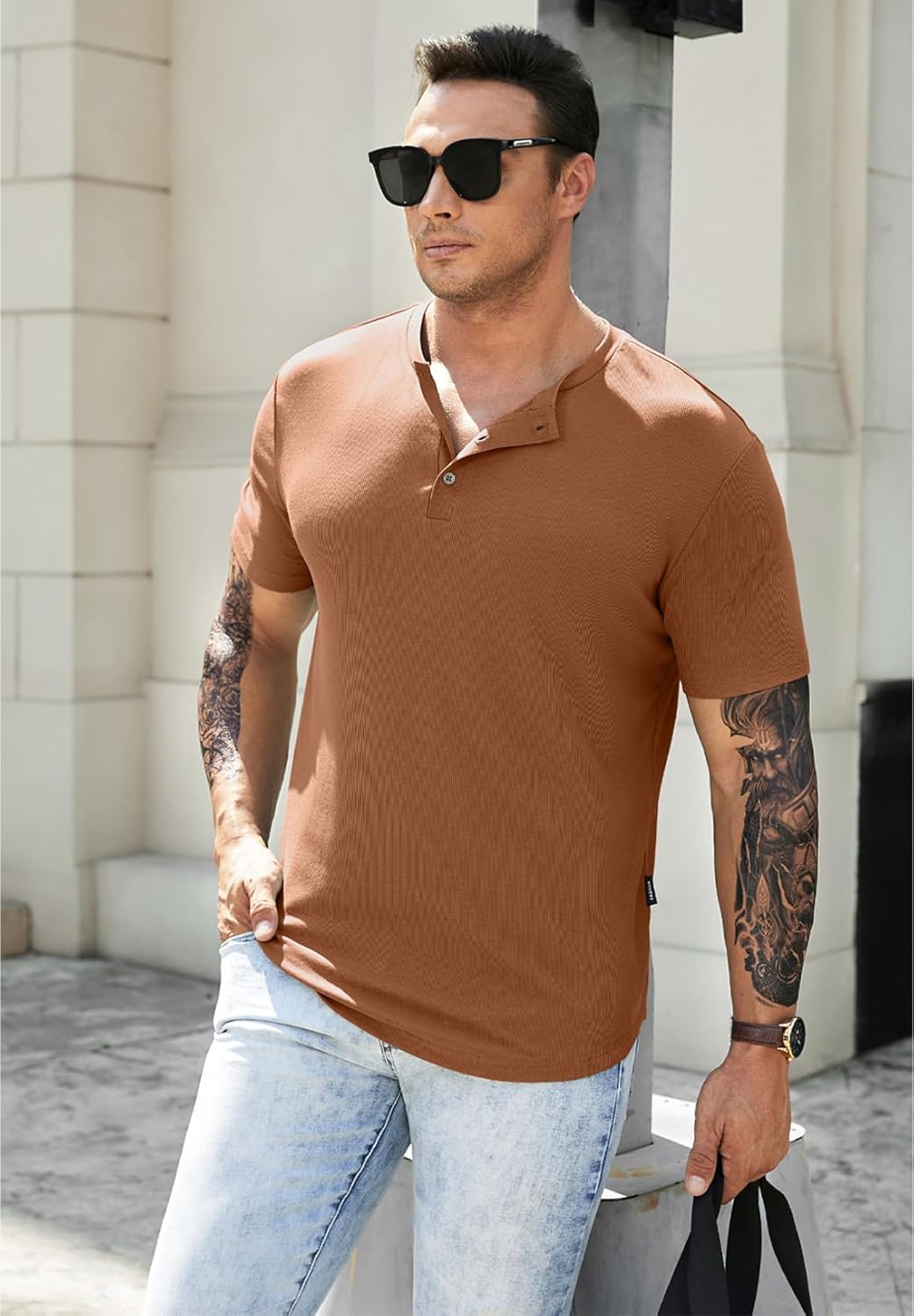 Men's Muscle Slim Henley Shirts Crewneck T-Shirt Gym Workout Athletic Shirt Tees - Picture 155 of 202