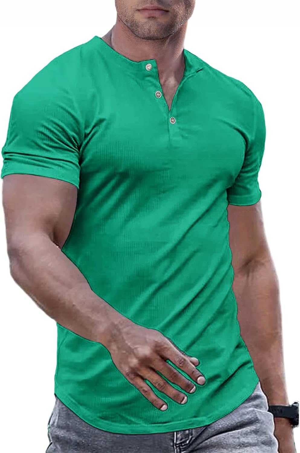 Men's Muscle Slim Henley Shirts Crewneck T-Shirt Gym Workout Athletic Shirt Tees - Picture 156 of 202