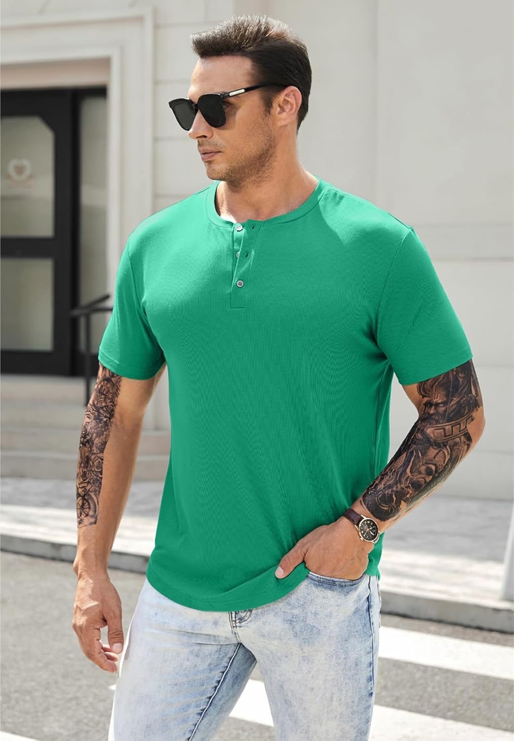 Men's Muscle Slim Henley Shirts Crewneck T-Shirt Gym Workout Athletic Shirt Tees - Picture 160 of 202