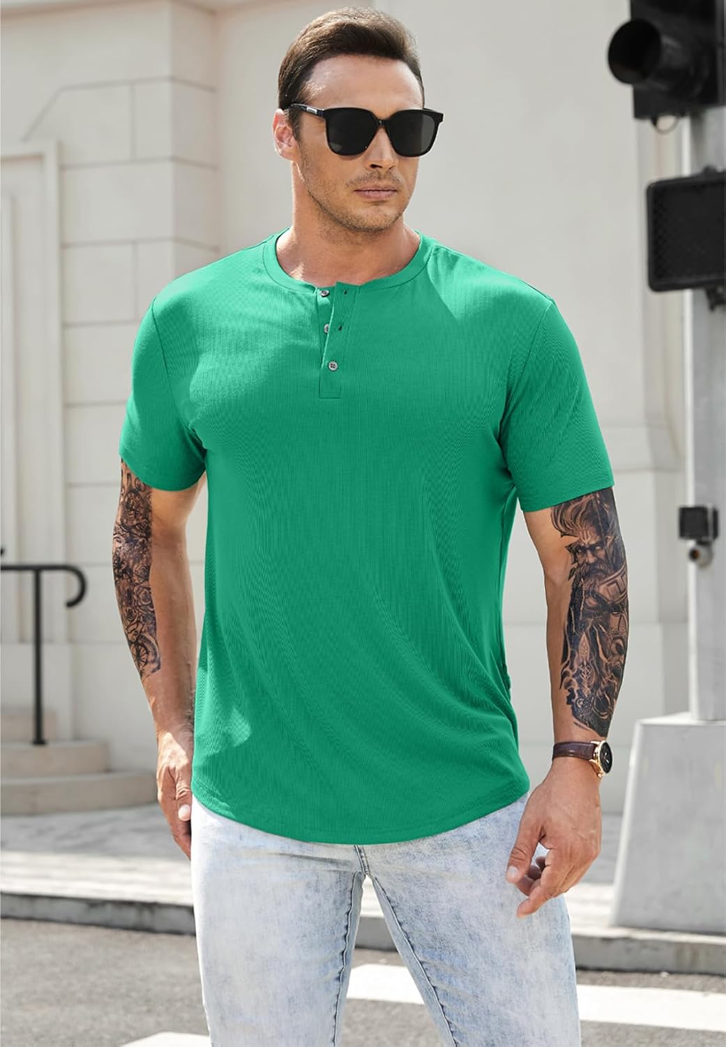 Men's Muscle Slim Henley Shirts Crewneck T-Shirt Gym Workout Athletic Shirt Tees - Picture 161 of 202