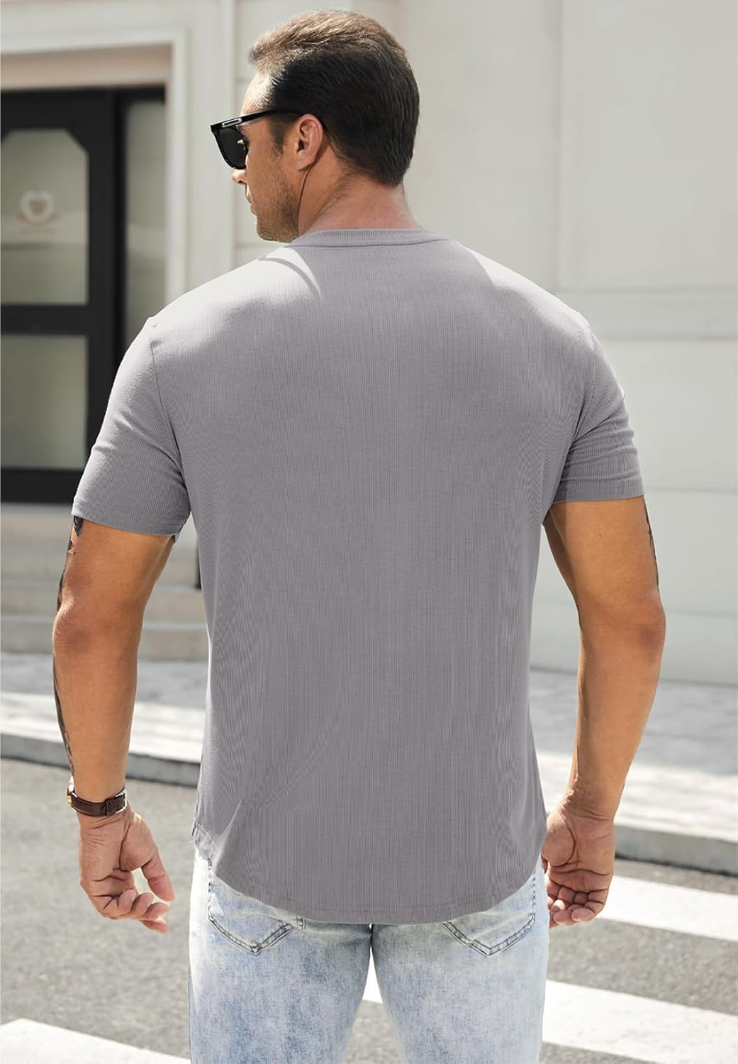 Men's Muscle Slim Henley Shirts Crewneck T-Shirt Gym Workout Athletic Shirt Tees - Picture 165 of 202