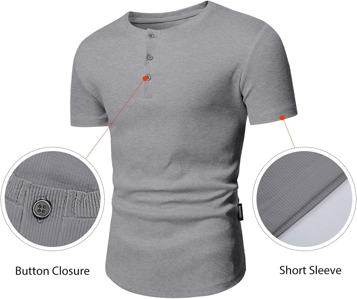 Men's Muscle Slim Henley Shirts Crewneck T-Shirt Gym Workout Athletic Shirt Tees - Picture 166 of 202