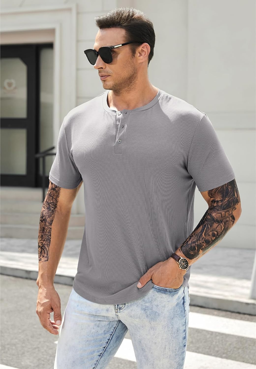 Men's Muscle Slim Henley Shirts Crewneck T-Shirt Gym Workout Athletic Shirt Tees - Picture 169 of 202