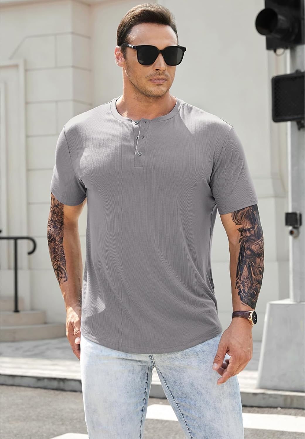 Men's Muscle Slim Henley Shirts Crewneck T-Shirt Gym Workout Athletic Shirt Tees - Picture 170 of 202