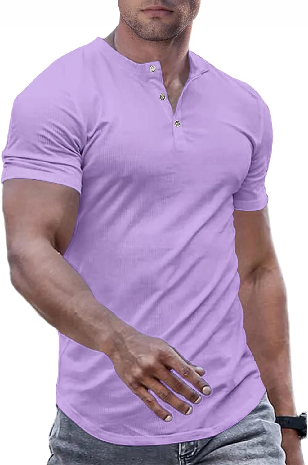 Men's Muscle Slim Henley Shirts Crewneck T-Shirt Gym Workout Athletic Shirt Tees - Picture 172 of 202