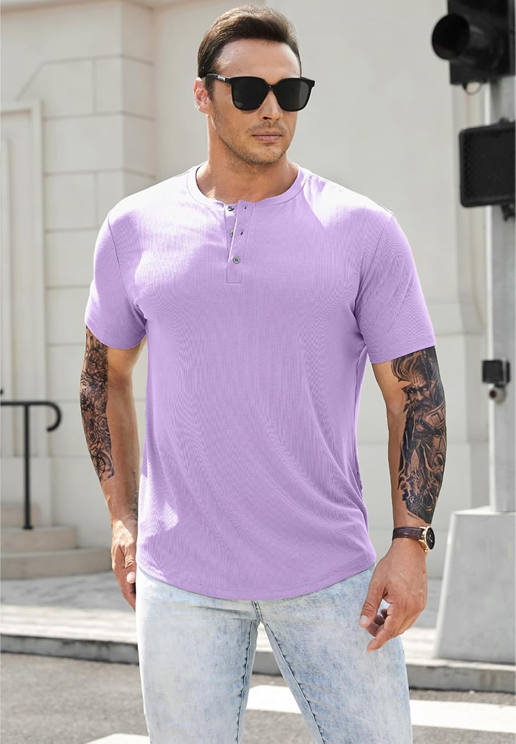 Men's Muscle Slim Henley Shirts Crewneck T-Shirt Gym Workout Athletic Shirt Tees - Picture 177 of 202