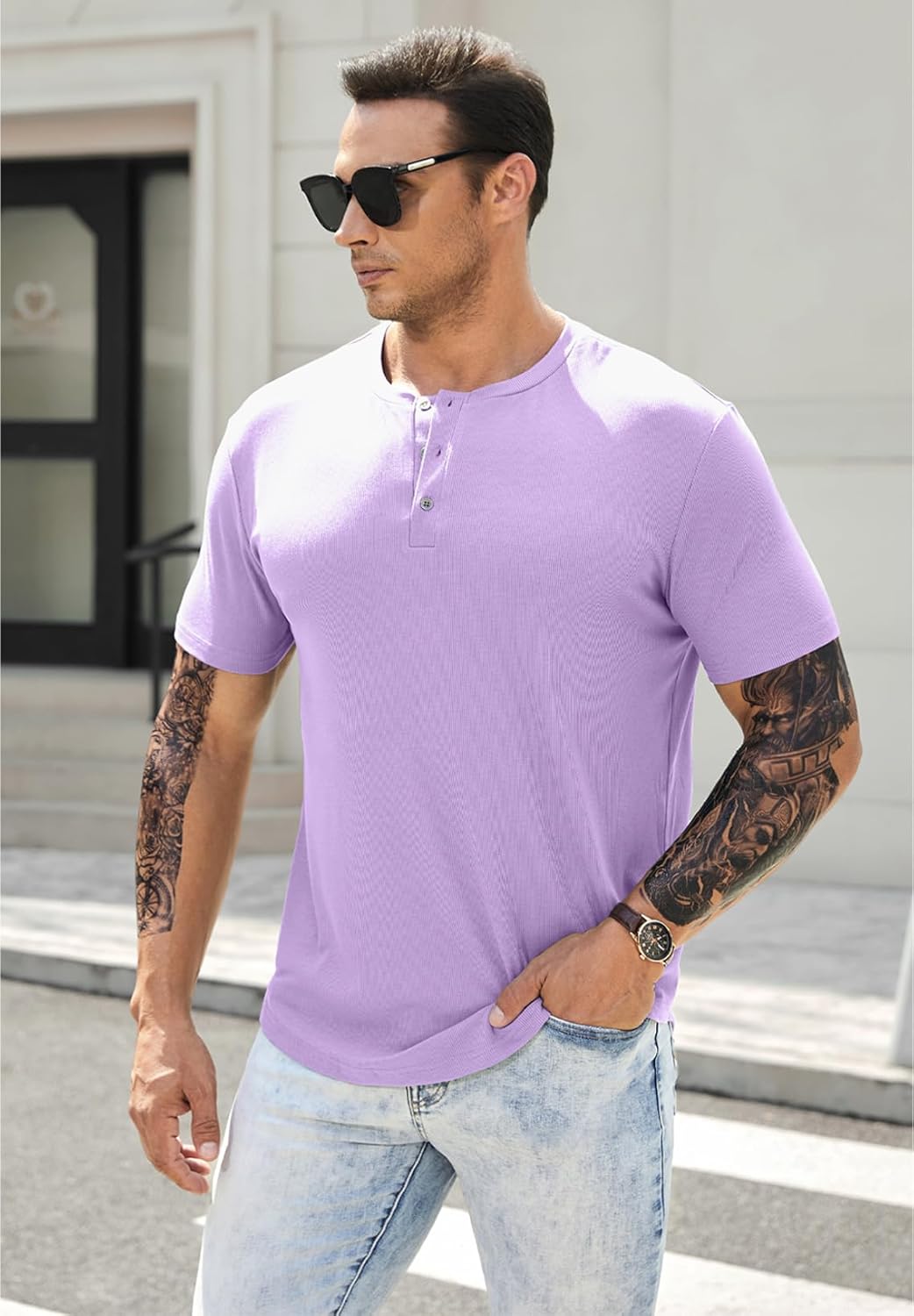 Men's Muscle Slim Henley Shirts Crewneck T-Shirt Gym Workout Athletic Shirt Tees - Picture 178 of 202