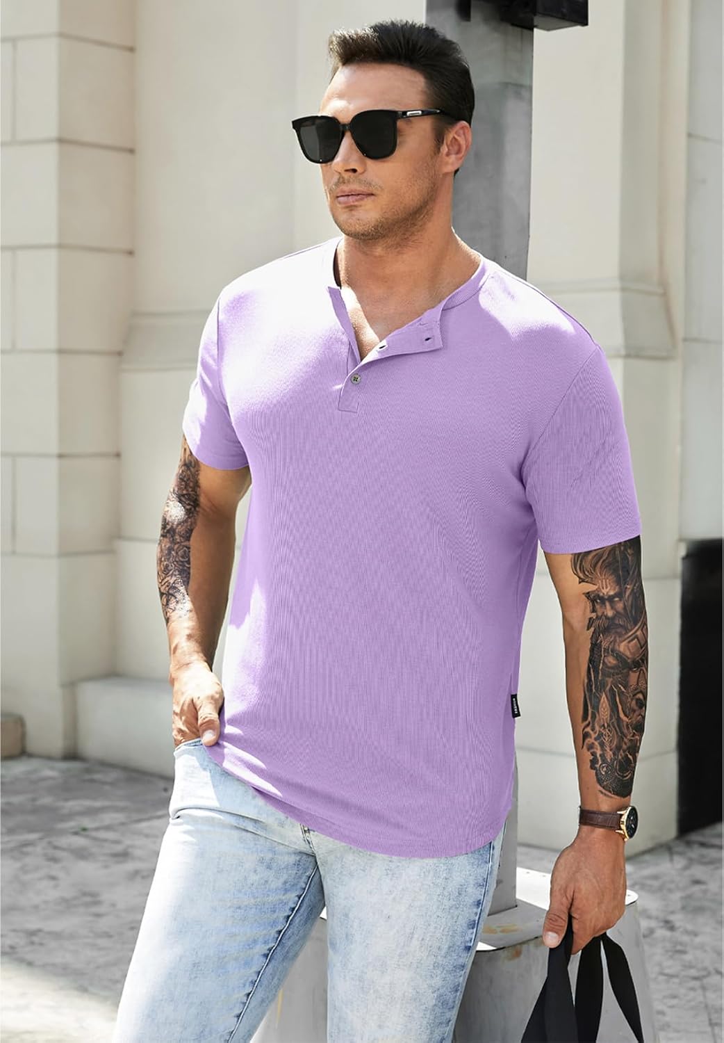 Men's Muscle Slim Henley Shirts Crewneck T-Shirt Gym Workout Athletic Shirt Tees - Picture 179 of 202