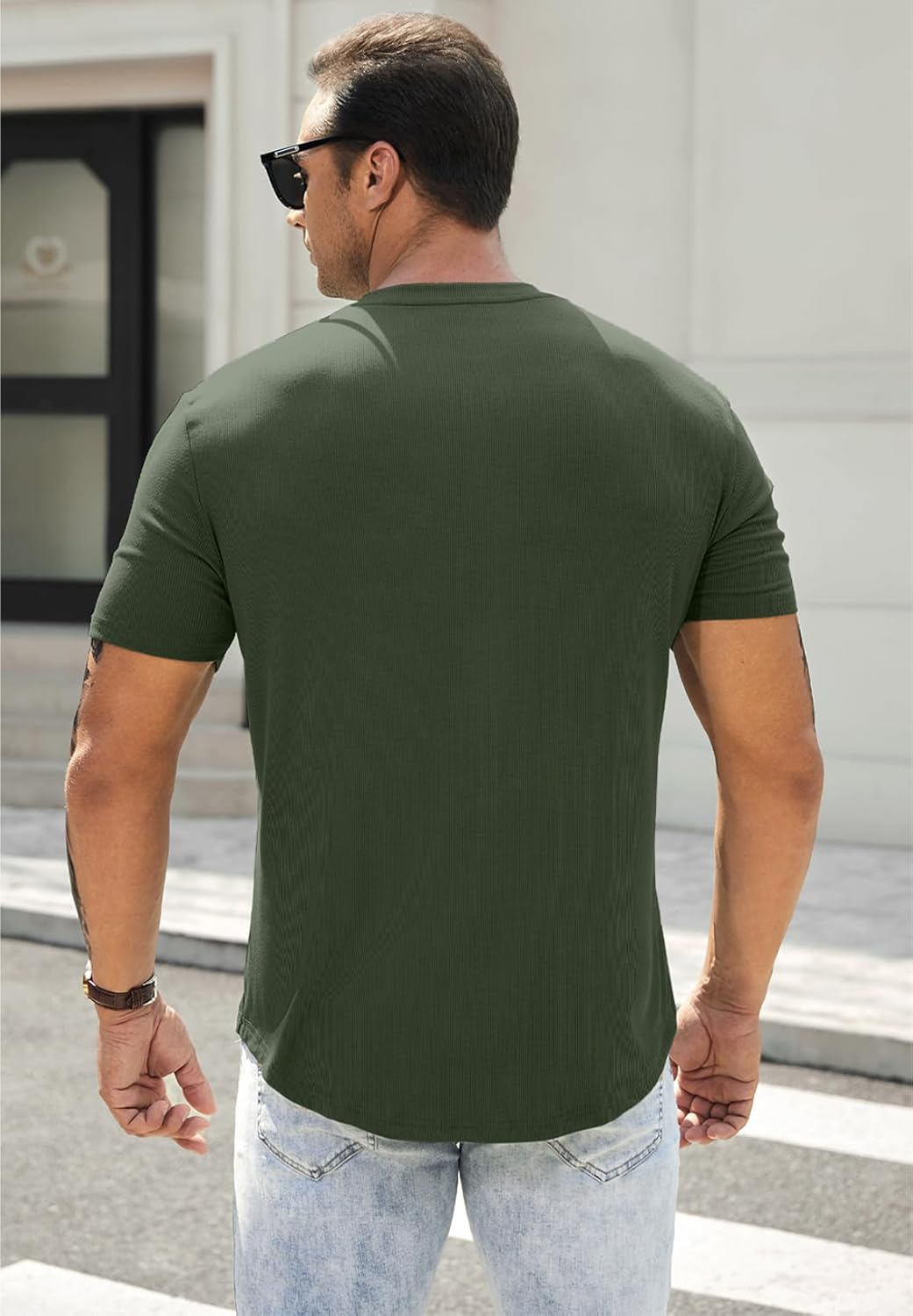 Men's Muscle Slim Henley Shirts Crewneck T-Shirt Gym Workout Athletic Shirt Tees - Picture 181 of 202