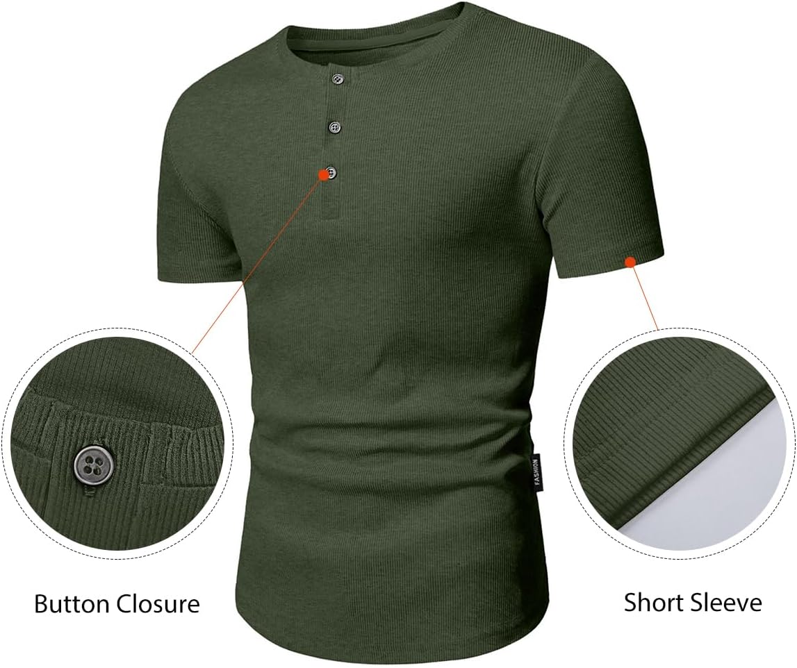 Men's Muscle Slim Henley Shirts Crewneck T-Shirt Gym Workout Athletic Shirt Tees - Picture 182 of 202