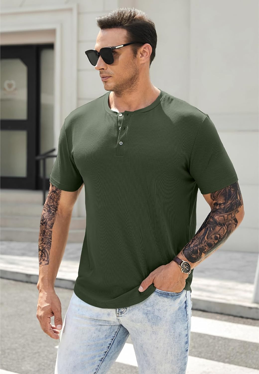 Men's Muscle Slim Henley Shirts Crewneck T-Shirt Gym Workout Athletic Shirt Tees - Picture 184 of 202