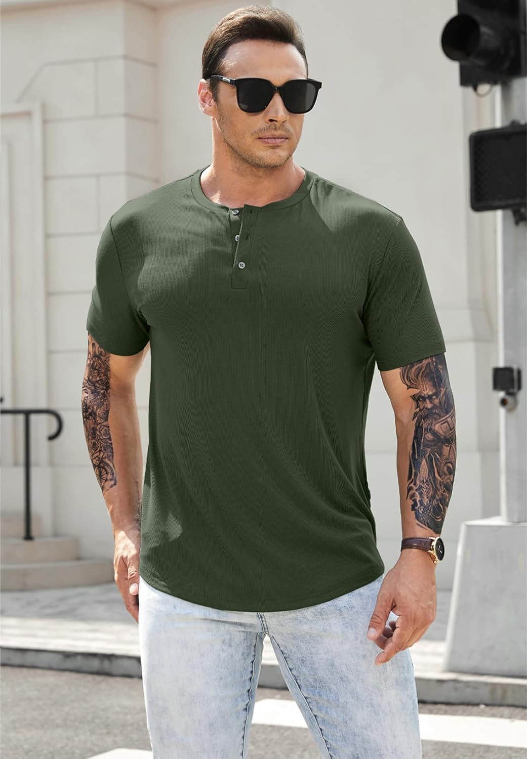 Men's Muscle Slim Henley Shirts Crewneck T-Shirt Gym Workout Athletic Shirt Tees - Picture 185 of 202