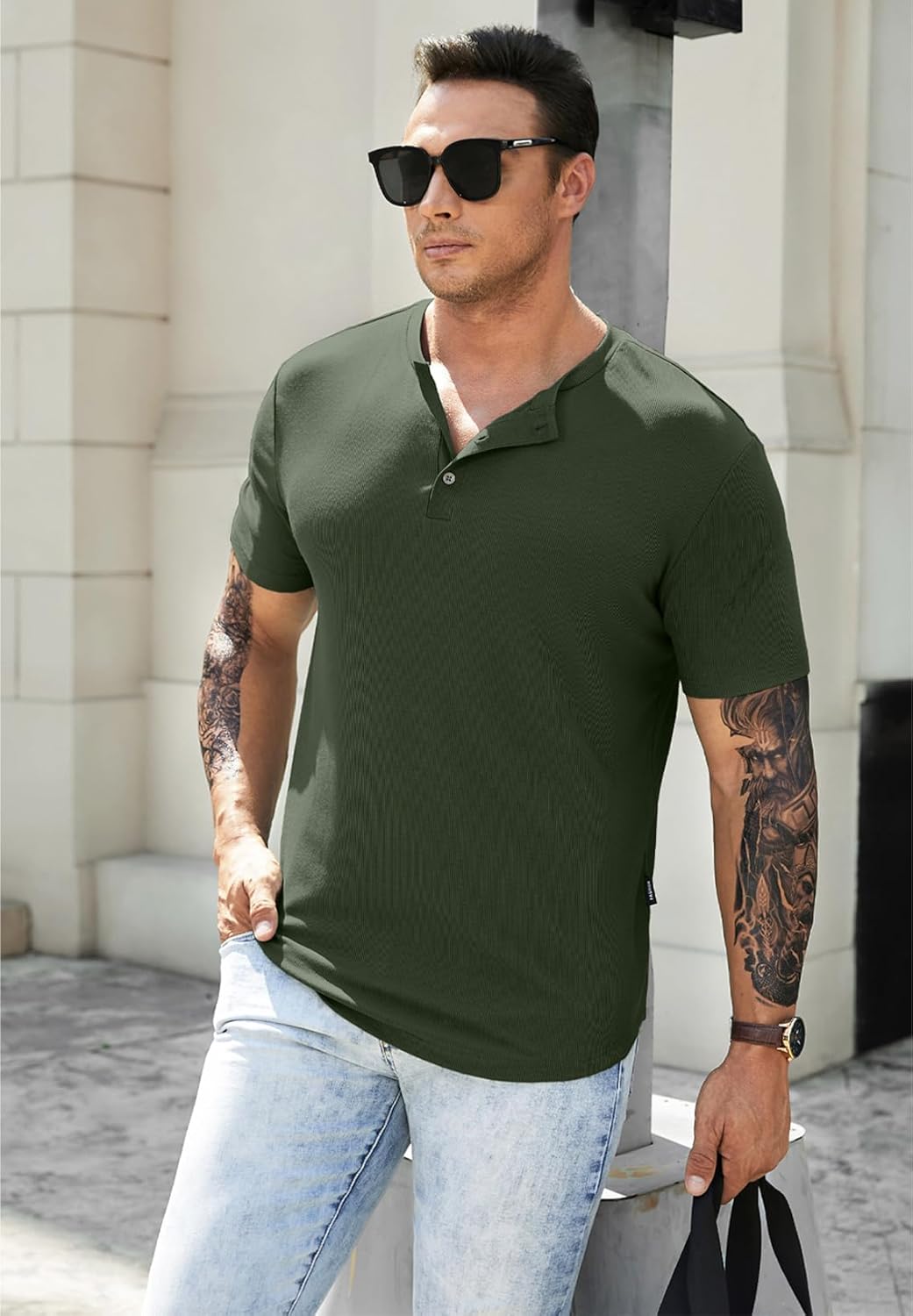Men's Muscle Slim Henley Shirts Crewneck T-Shirt Gym Workout Athletic Shirt Tees - Picture 186 of 202