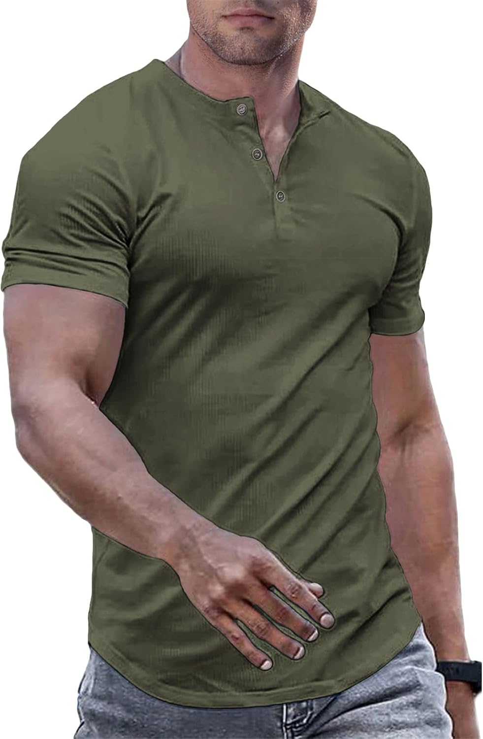Men's Muscle Slim Henley Shirts Crewneck T-Shirt Gym Workout Athletic Shirt Tees - Picture 188 of 202