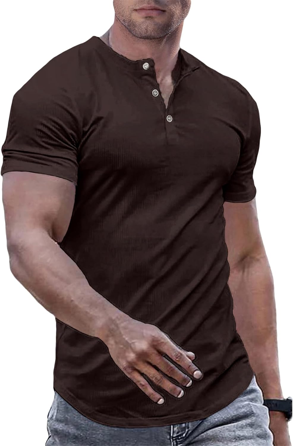 Men's Muscle Slim Henley Shirts Crewneck T-Shirt Gym Workout Athletic Shirt Tees - Picture 193 of 202