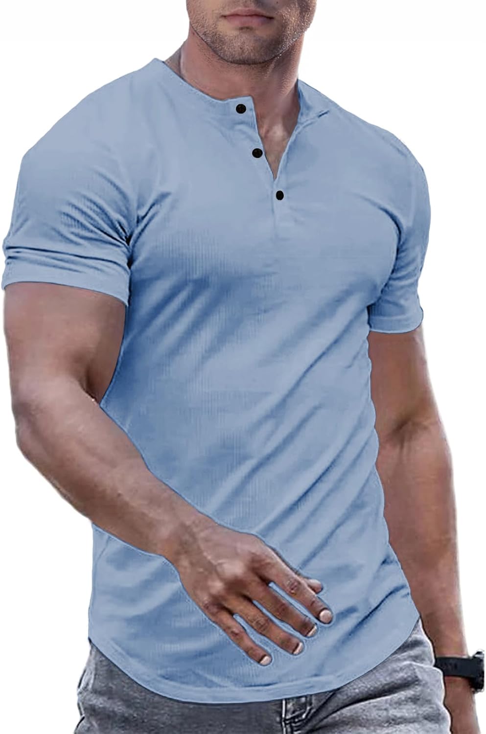 Men's Muscle Slim Henley Shirts Crewneck T-Shirt Gym Workout Athletic Shirt Tees - Picture 198 of 202