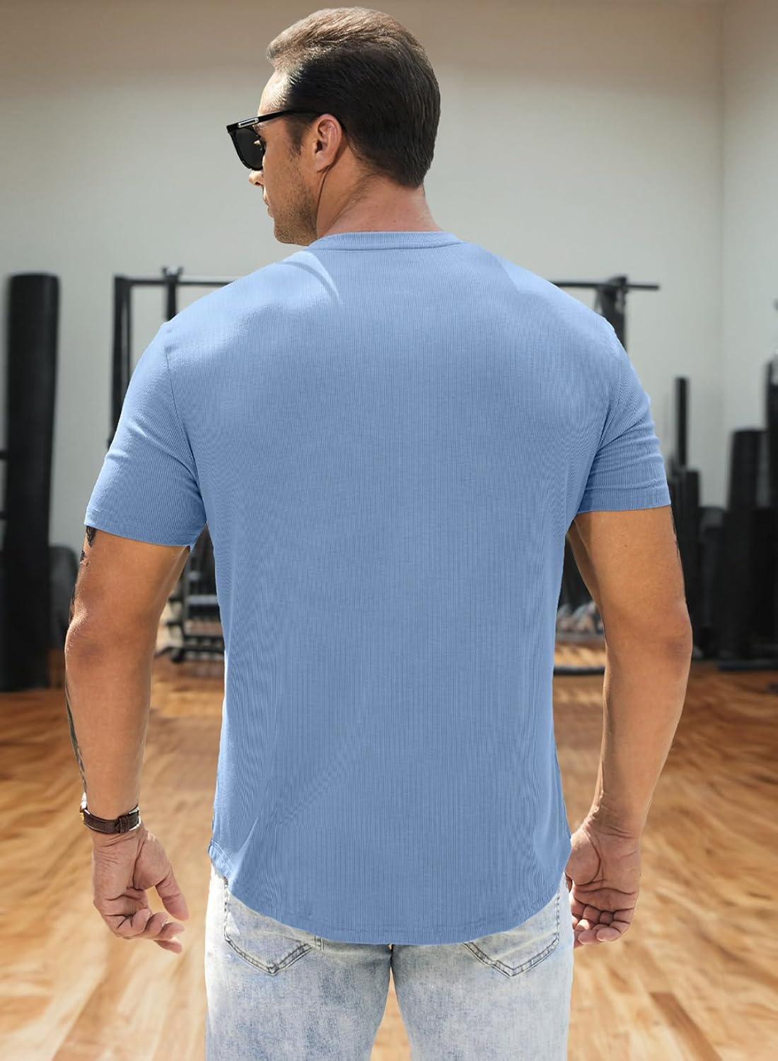 Men's Muscle Slim Henley Shirts Crewneck T-Shirt Gym Workout Athletic Shirt Tees - Picture 199 of 202
