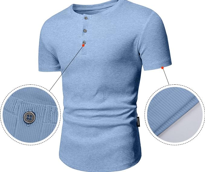 Men's Muscle Slim Henley Shirts Crewneck T-Shirt Gym Workout Athletic Shirt Tees - Picture 200 of 202