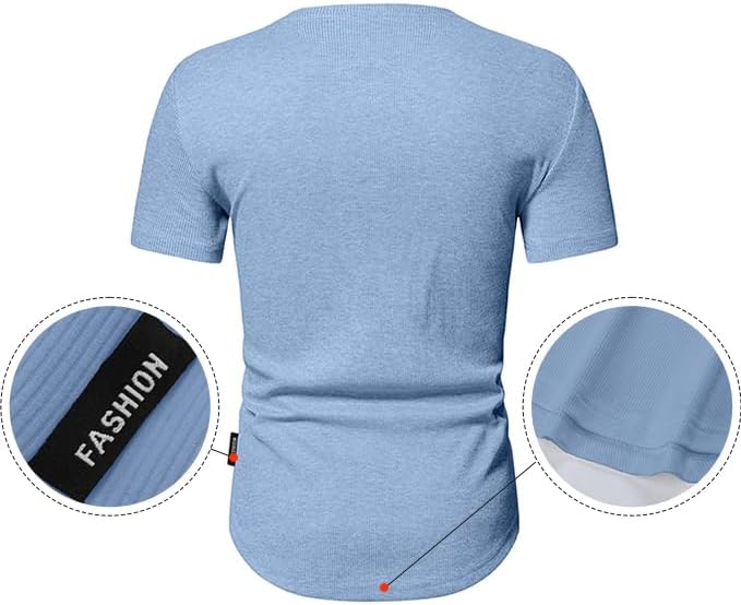 Men's Muscle Slim Henley Shirts Crewneck T-Shirt Gym Workout Athletic Shirt Tees - Picture 201 of 202