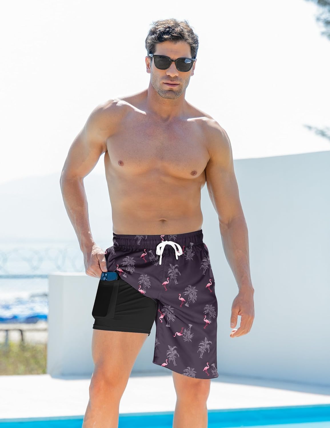 Mens Swim Trunks with Compression Liner 9'' Inseam Quick Dry Swimsuit Shorts - Picture 33 of 155