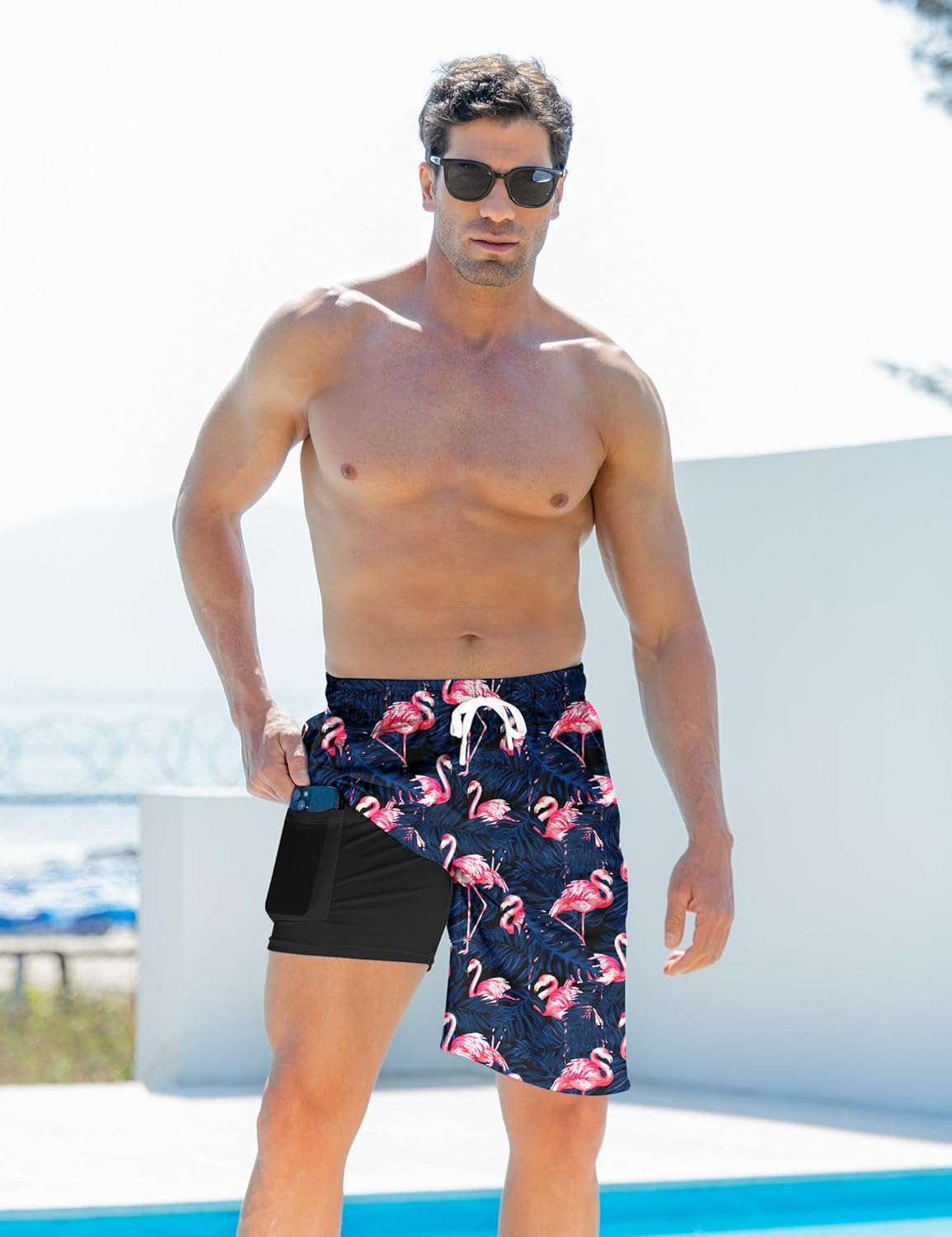 Mens Swim Trunks with Compression Liner 9'' Inseam Quick Dry Swimsuit Shorts - Picture 36 of 155