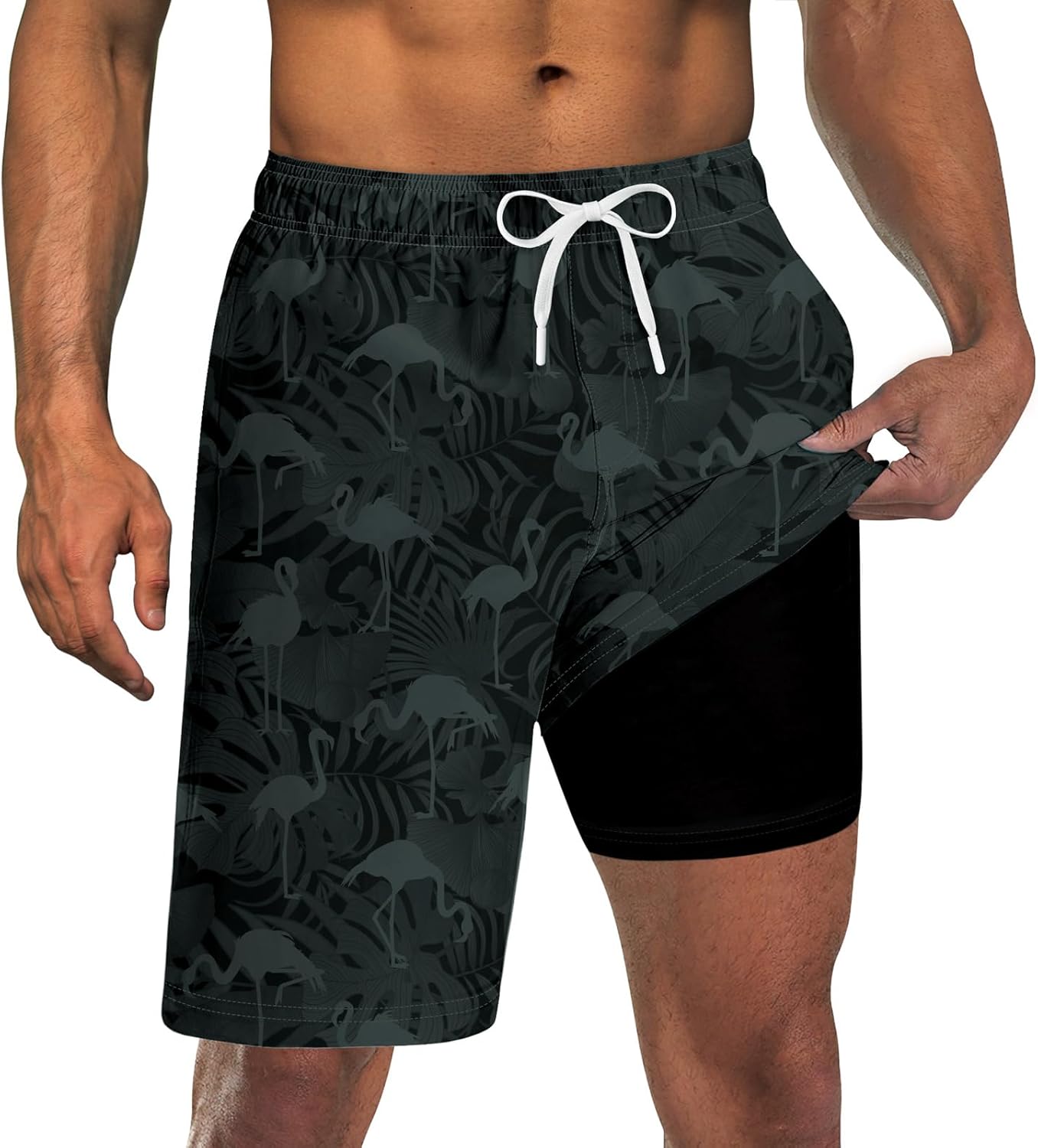 Mens Swim Trunks with Compression Liner 9'' Inseam Quick Dry Swimsuit Shorts - Picture 42 of 155