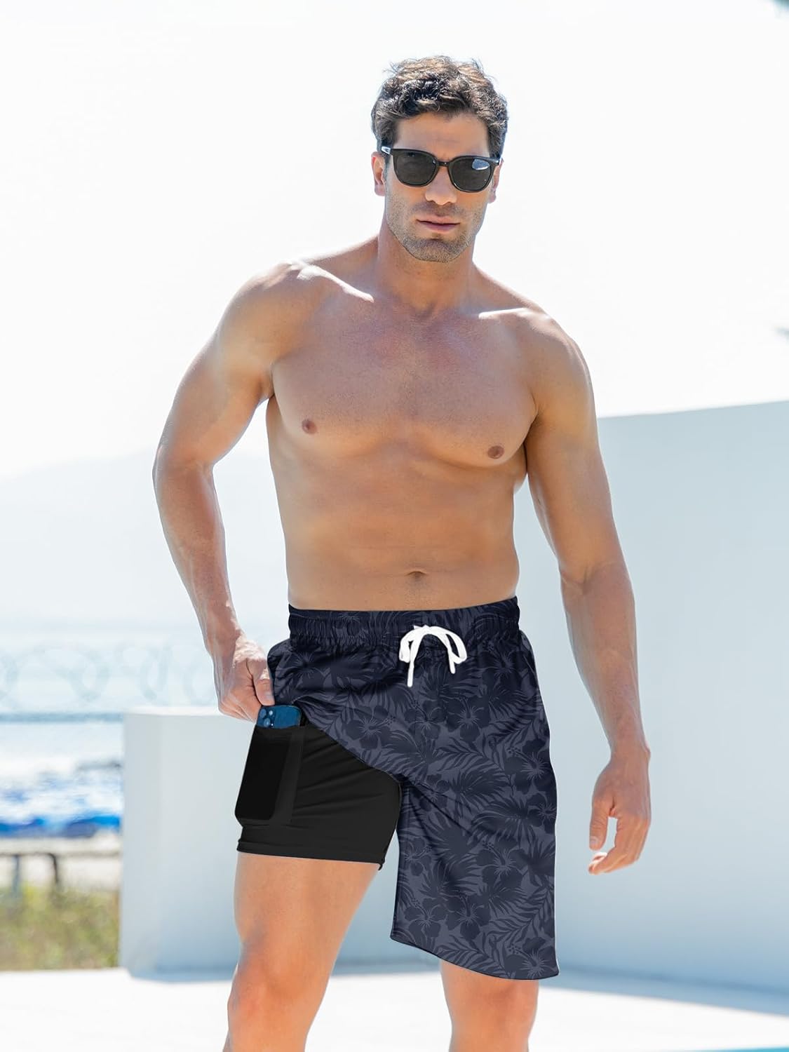Mens Swim Trunks with Compression Liner 9'' Inseam Quick Dry Swimsuit Shorts - Picture 48 of 155