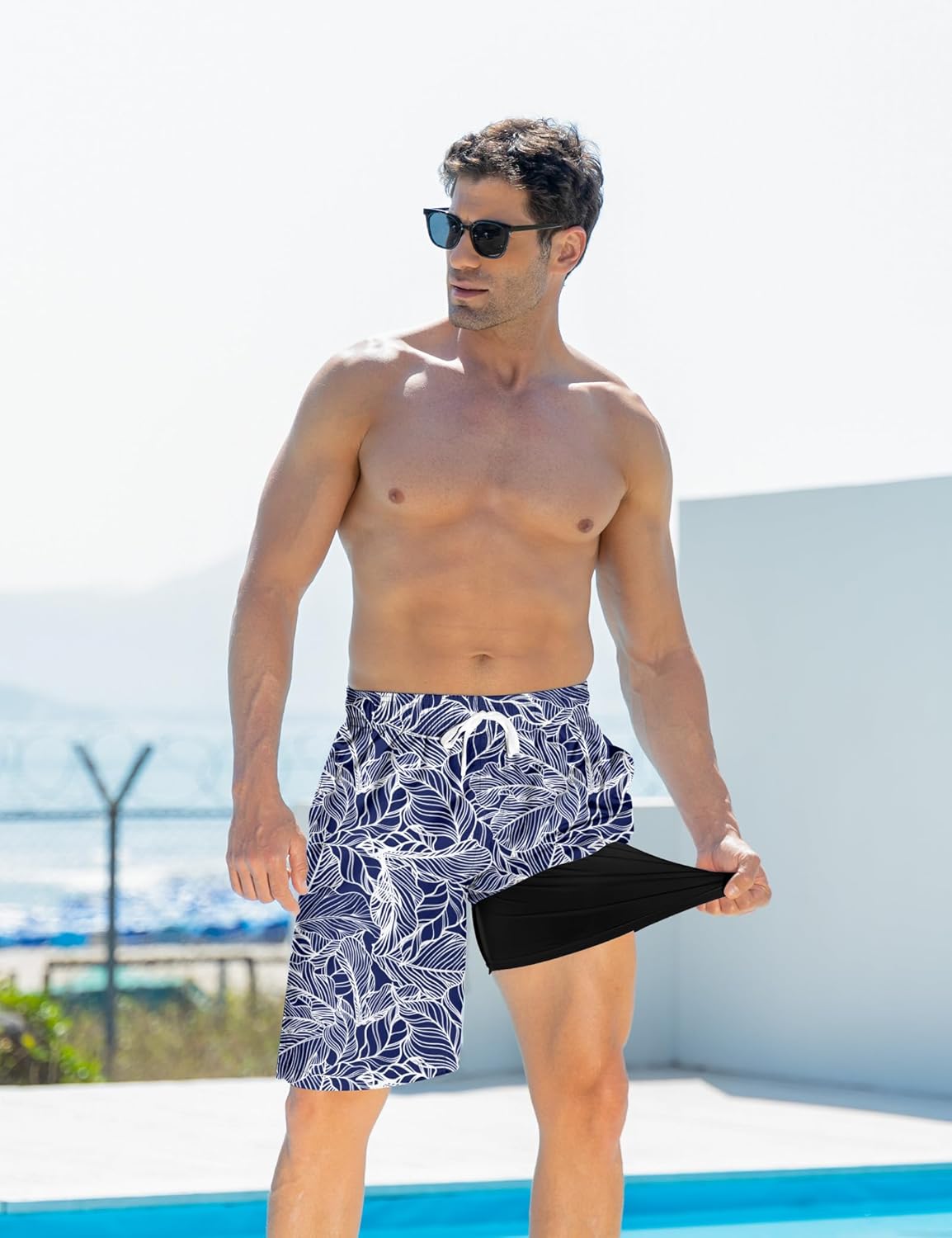 Mens Swim Trunks with Compression Liner 9'' Inseam Quick Dry Swimsuit Shorts - Picture 49 of 155