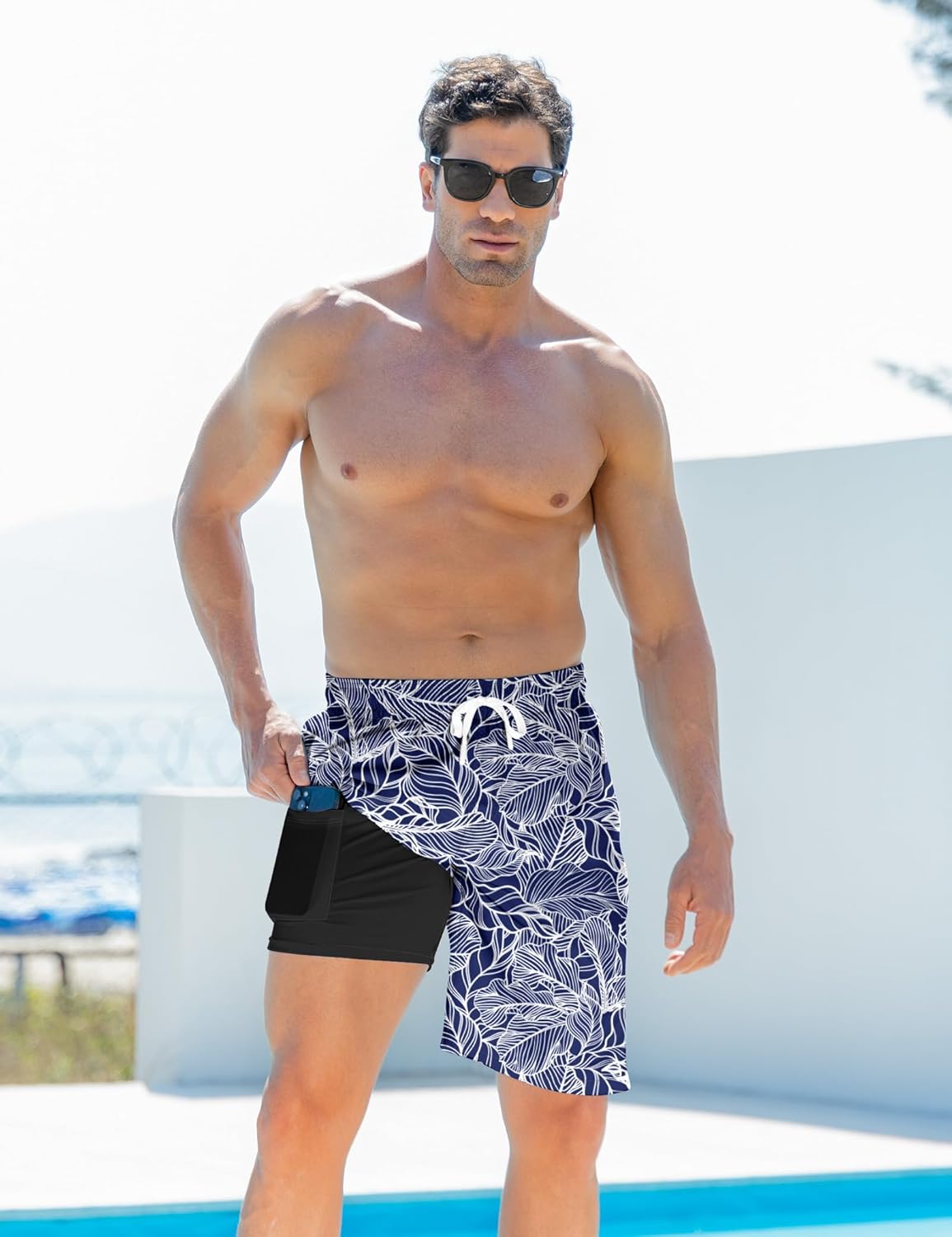 Mens Swim Trunks with Compression Liner 9'' Inseam Quick Dry Swimsuit Shorts - Picture 50 of 155