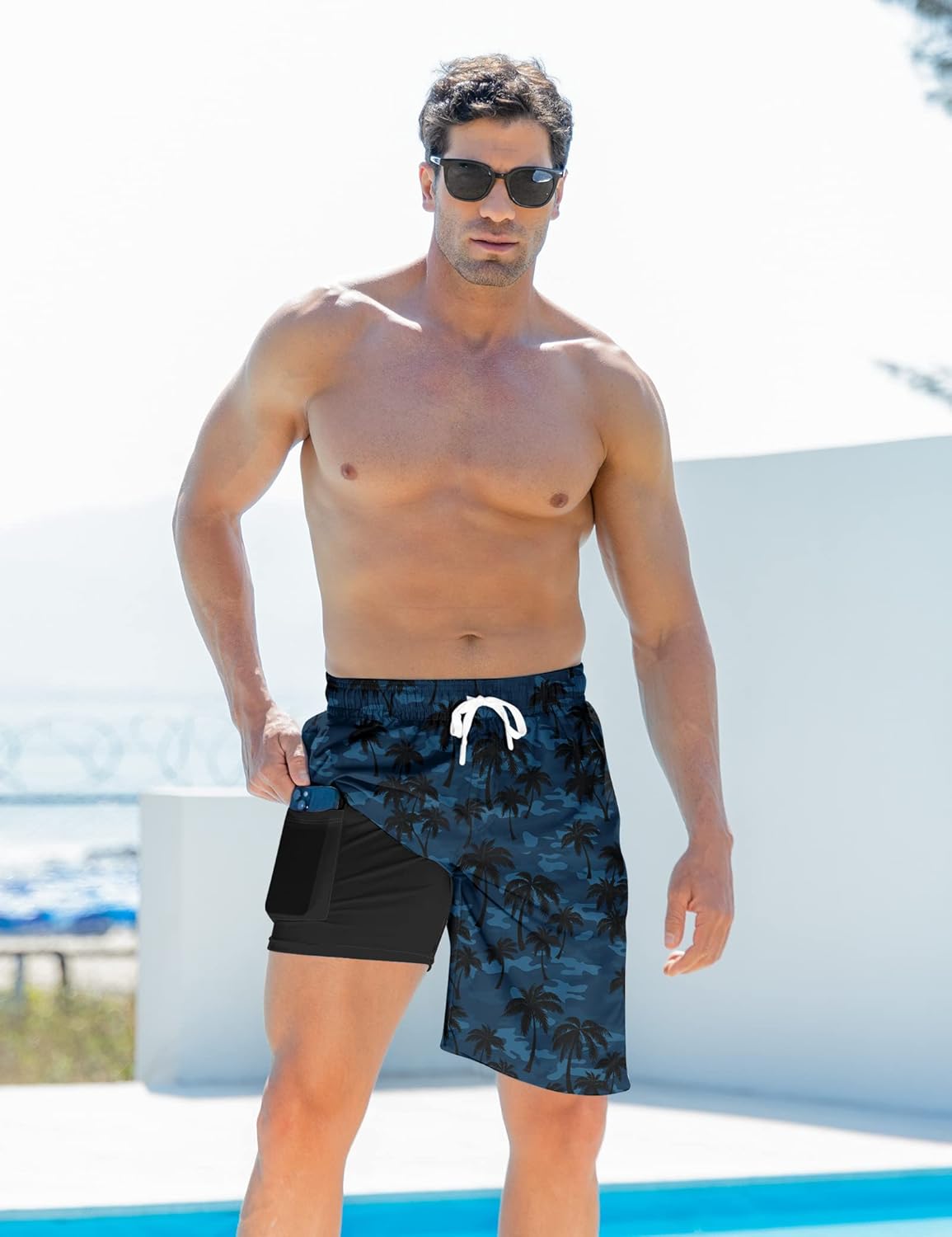 Mens Swim Trunks with Compression Liner 9'' Inseam Quick Dry Swimsuit Shorts - Picture 56 of 155
