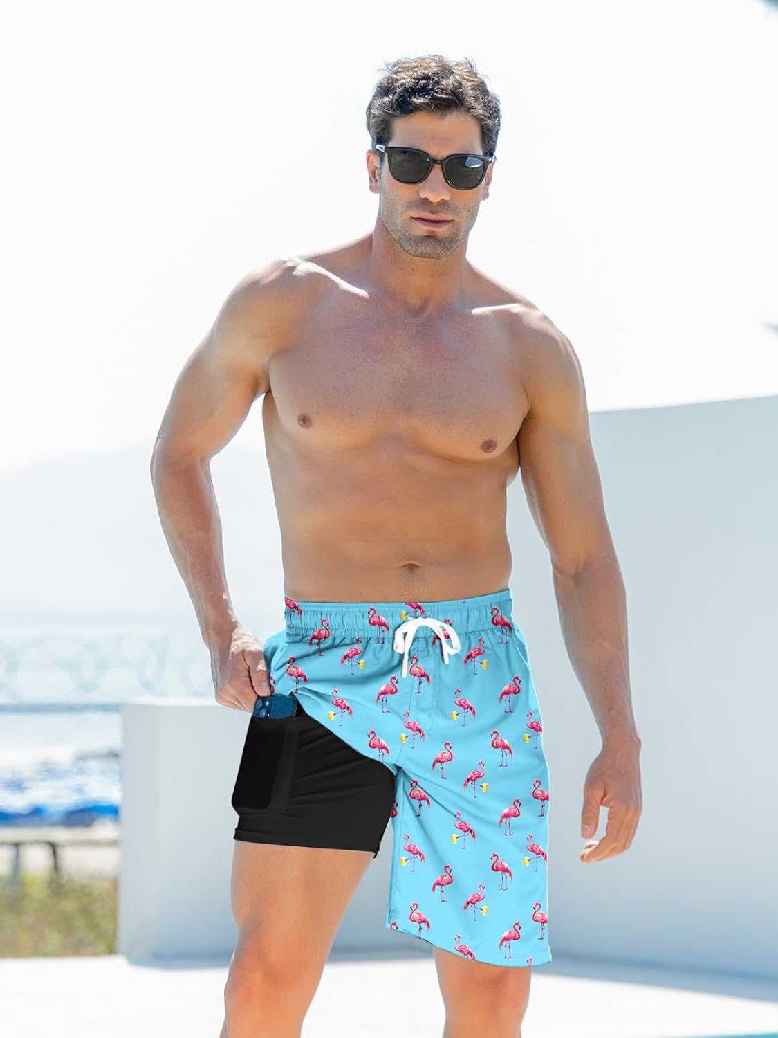 Mens Swim Trunks with Compression Liner 9'' Inseam Quick Dry Swimsuit Shorts - Picture 59 of 155