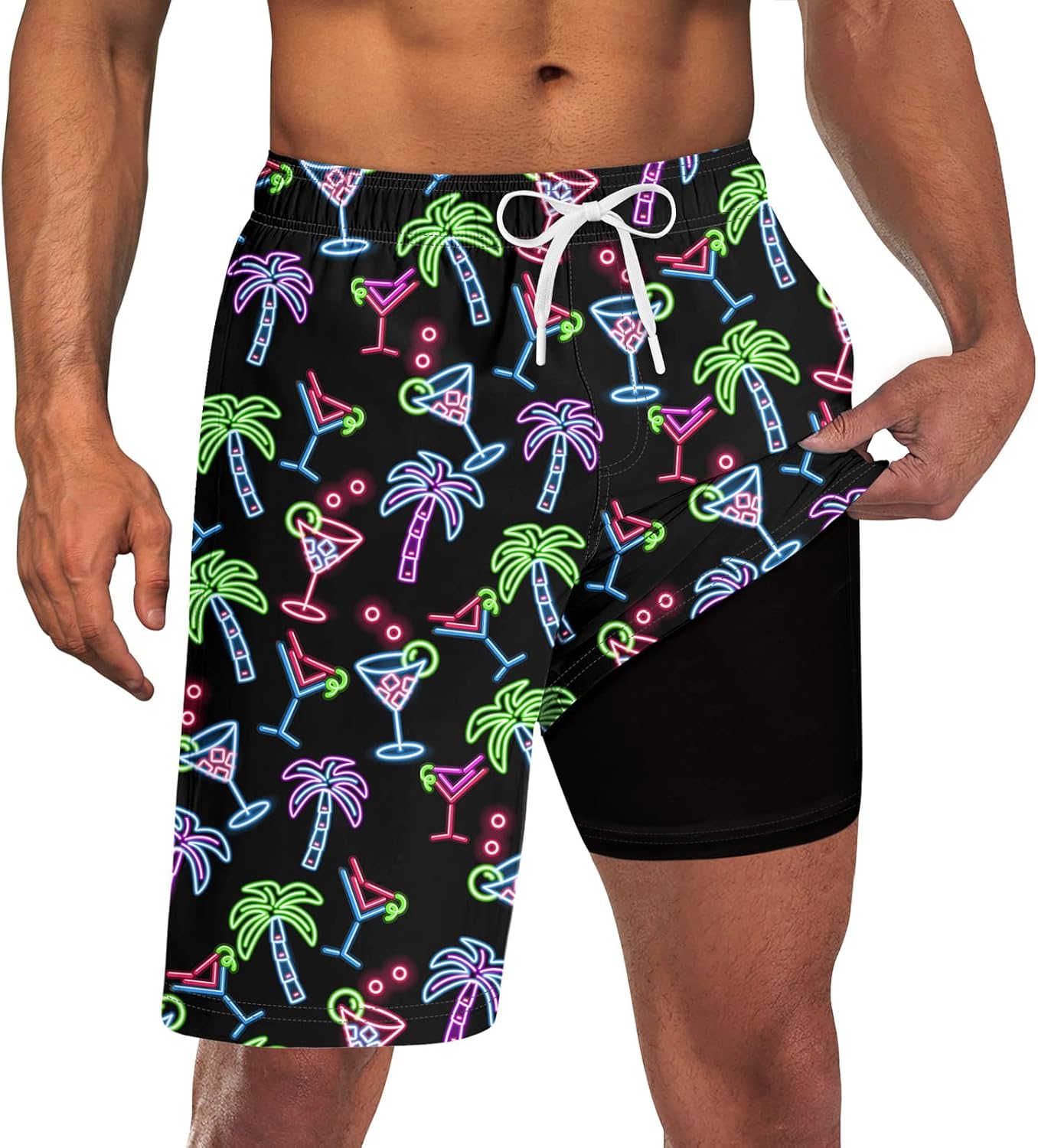 Mens Swim Trunks with Compression Liner 9'' Inseam Quick Dry Swimsuit Shorts - Picture 63 of 155